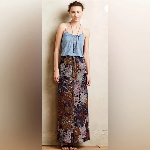 Anthropologie Vanessa & Virginia Petalled Paisley Button Front belted Maxi Skirt - Picture 3 of 12
